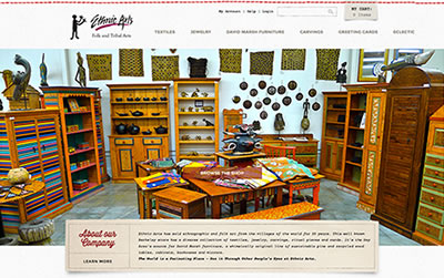 Ethnic Arts, Berkeley, CA website EthnicArts.com homepage top with image of part of the brick and mortar store and about our company info